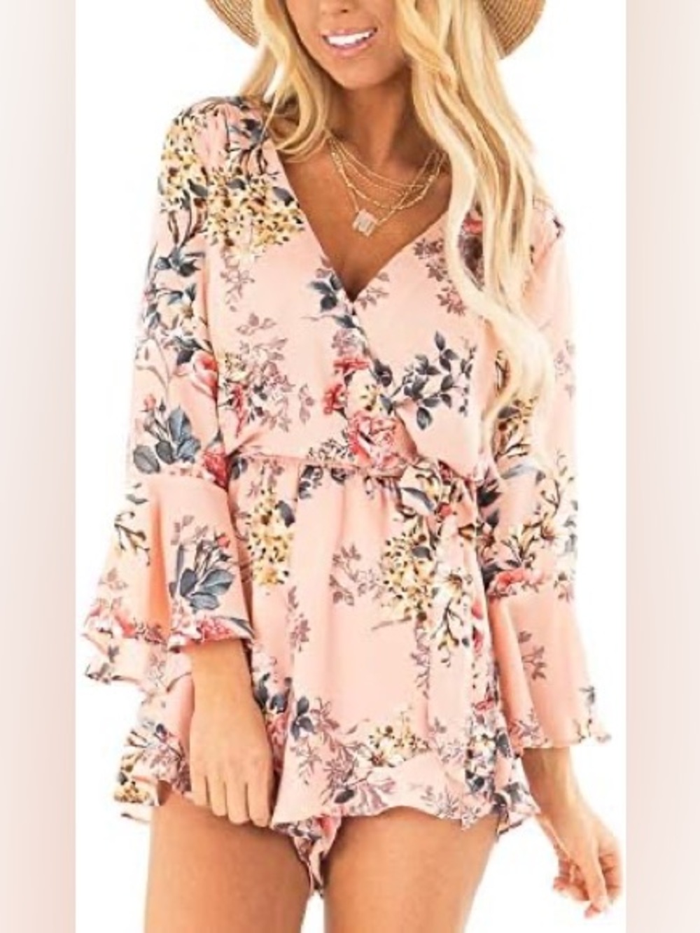 🌸Pink Lily Floral Pink V-Neck Ruffle Romper